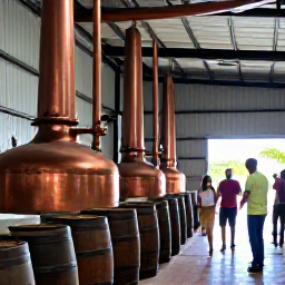 Caribbean Holidays, Rum Distillery Tours, Visitors walking through a Caribbean rum distillery with copper stills, wooden barrels and a knowledgeable local guide