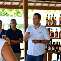 Caribbean Holidays, Rum Tastings, A knowledgeable Caribbean rum expert explaining different rum bottles and tasting notes to visitors at a small distillery