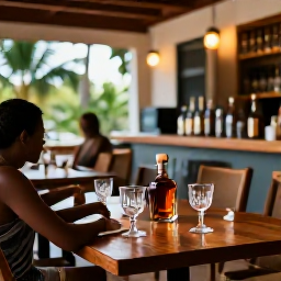 Caribbean Holidays, Rum Tastings, A relaxed Caribbean rum tasting room with wooden tables, crystal glasses, aged rum bottles and warm tropical light