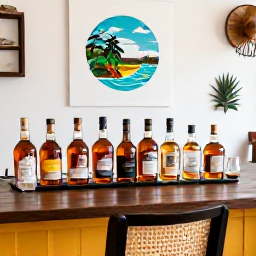 Caribbean Holidays, Rum Tastings, A relaxed rum tasting room in the Caribbean, with bottles of golden rum, tasting glasses and local island details