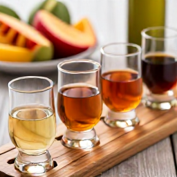 Caribbean Holidays, Rum Tastings, Close-up of Caribbean rum tasting glasses containing pale, amber and dark rum, with tropical fruit and a wooden tasting board