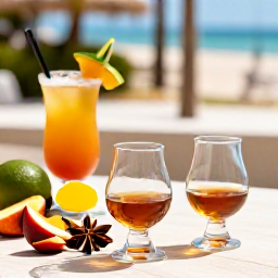 Caribbean Holidays, Rum Tastings, Close-up of elegant rum tasting glasses beside tropical fruit, spices and a Caribbean cocktail on a shaded terrace