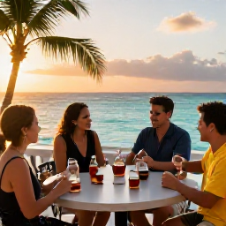 Caribbean Holidays, Rum Tastings, Friends enjoying a rum tasting at sunset on a Caribbean terrace overlooking turquoise sea and palm trees