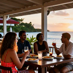Caribbean Holidays, Rum Tastings, Visitors enjoying a relaxed evening rum tasting on a Caribbean terrace, with island views, small plates and warm sunset light