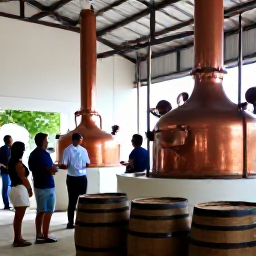Caribbean Holidays, Rum Tastings, Visitors touring a Caribbean rum distillery with copper stills, wooden barrels and a knowledgeable guide explaining the production process