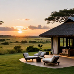 Caribbean Holidays, Safari Holidays, Elegant safari lodge overlooking grassland at sunset, with a comfortable outdoor seating area