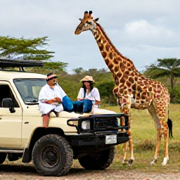 Caribbean Holidays, Safari Holidays, Friendly safari guide speaking with travellers beside a vehicle while giraffes stand in the background