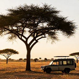 Caribbean Holidays, Safari Holidays, Open African savannah at sunrise with acacia trees, a safari vehicle and distant elephants