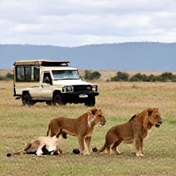 Caribbean Holidays, Safari Holidays, Safari jeep observing a pride of lions on the open plains in Kenya or Tanzania