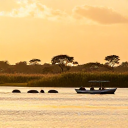 Caribbean Holidays, Safari Holidays, Small safari boat gliding through calm African wetlands with hippos, reeds and a golden evening sky