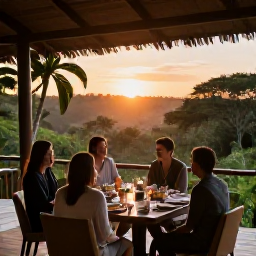 Caribbean Holidays, Safari Sporting Holidays, A comfortable safari lodge terrace at sunset with travellers enjoying dinner and views of tropical woodland