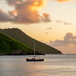 Caribbean Holidays, Saint Barth Adventure, A small sailing boat passing Saint Barth&eacute;lemy's green hills and rocky coastline at sunset, with calm Caribbean water