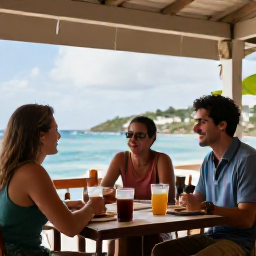 Caribbean Holidays, Saint Barth Adventure, Friendly travellers enjoying an outdoor table at a relaxed Caribbean restaurant in Gustavia, Saint Barth&eacute;lemy, after an active day