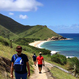 Caribbean Holidays, Saint Barth Adventure, Hikers following a coastal trail above a secluded beach on Saint Barth&eacute;lemy, with green hills and ocean views