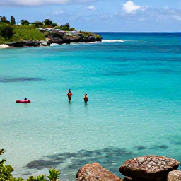 Caribbean Holidays, Saint Barth Adventure, Kayakers and snorkellers exploring transparent turquoise water beside a rocky bay on Saint Barth&eacute;lemy, colourful fish visible below the surface