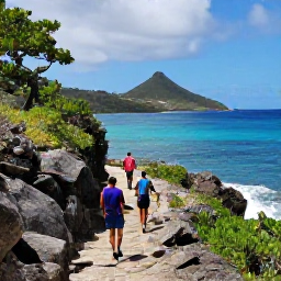 Caribbean Holidays, Saint Barth Adventure, Travellers hiking along a rocky coastal path above the clear blue sea on Saint Barth&eacute;lemy, with tropical vegetation and dramatic views