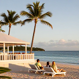 Caribbean Holidays, Saint Barth Beach Holidays, A couple relaxing on a Saint Barth&eacute;lemy beach at golden hour, with palm trees, calm sea and a stylish beachfront restaurant nearby