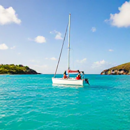Caribbean Holidays, Saint Barth Couples, Couple sailing on a small boat near Saint Barth&eacute;lemy, turquoise Caribbean water, rocky coastline and bright afternoon sunshine