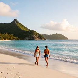 Caribbean Holidays, Saint Barth Couples, Couple walking along a quiet white-sand beach in Saint Barth&eacute;lemy at golden hour, turquoise sea and green hills