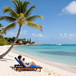 Caribbean Holidays, Saint Barth Couples, Secluded Caribbean beach on Saint Barth&eacute;lemy with calm clear water, two sun loungers and a couple relaxing beneath palm trees