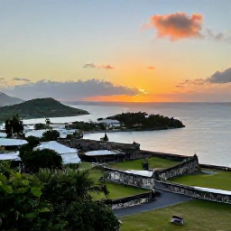 Caribbean Holidays, Saint Barth Culture, Historic Fort Gustav overlooking Gustavia harbour at sunset, with tropical vegetation and panoramic sea views