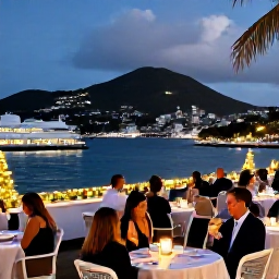 Caribbean Holidays, Saint Barth December, Elegant Saint Barth&eacute;lemy evening in December with illuminated harbour, outdoor dining and people enjoying a relaxed festive atmosphere