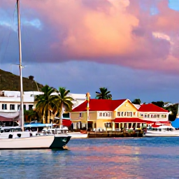 Caribbean Holidays, Saint Barth December, Historic Gustavia harbour at sunset with red-roofed buildings, boats, palm trees and festive Christmas lights