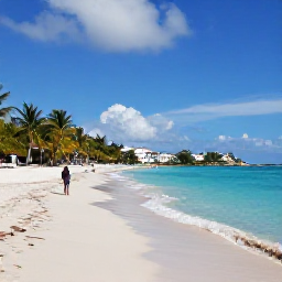 Caribbean Holidays, Saint Barth December, Quiet Saint Barth&eacute;lemy beach in December with turquoise water, white sand, palm trees and a visitor exploring the shoreline