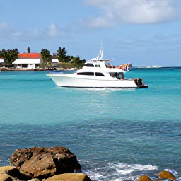 Caribbean Holidays, Saint Barth Fishing, A modern sport-fishing charter boat travelling across clear turquoise water near the rocky coastline of Saint Barth&eacute;lemy