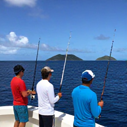 Caribbean Holidays, Saint Barth Fishing, Anglers enjoying a friendly fishing charter near Saint Barth&eacute;lemy, with rods ready, a blue sea and distant green islands