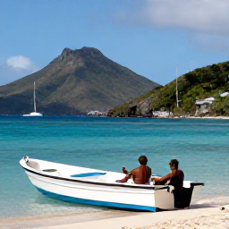 Caribbean Holidays, Saint Barth Fishing, Fishing holidaymakers relaxing beside their boat after a trip, with Gustavia harbour and Saint Barth&eacute;lemy hills in the background