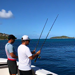 Caribbean Holidays, Saint Barth Fishing, Friendly local fishing guide helping holidaymakers prepare rods on a charter boat in Saint Barth&eacute;lemy