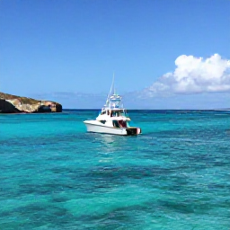 Caribbean Holidays, Saint Barth Fishing, Sport fishing boat travelling across clear turquoise water near Saint Barth&eacute;lemy, with rugged coastline and a sunny April sky