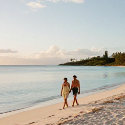 Caribbean Holidays, Saint Barth Honeymoons, A couple walking hand in hand along a quiet white-sand beach in Saint Barth&eacute;lemy at sunset, calm turquoise sea and soft September light