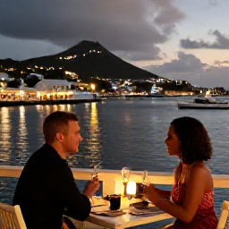 Caribbean Holidays, Saint Barth Honeymoons, A romantic waterside restaurant in Gustavia, Saint Barth&eacute;lemy, with a couple dining outdoors as evening lights reflect on the harbour
