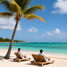 Caribbean Holidays, Saint Barth Honeymoons, A secluded Saint Barth&eacute;lemy beach with two sun loungers, clear turquoise water, palm trees and a couple enjoying a quiet September morning