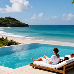 Caribbean Holidays, Saint Barth Honeymoons, An elegant Saint Barth&eacute;lemy boutique hotel terrace with a plunge pool, sea view and a honeymoon couple relaxing in September sunshine