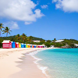 Caribbean Holidays, Saint Barth Instagram, Colourful beach scene at Saint-Jean Bay in Saint Barth&eacute;lemy, turquoise water, striped beach huts, palm trees and low green hills in June