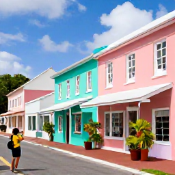 Caribbean Holidays, Saint Barth Instagram, Colourful Saint Barth&eacute;lemy street scene in May, showing pastel buildings, tropical plants, boutique shopfronts and a traveller taking photographs