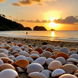 Caribbean Holidays, Saint Barth Instagram, Golden sunset over Shell Beach in Saint Barth&eacute;lemy, smooth rounded shells in the foreground, warm sky and silhouettes of rocks and swimmers