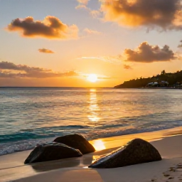 Caribbean Holidays, Saint Barth Instagram, Golden sunset over Shell Beach in Saint Barth&eacute;lemy with calm sea, smooth rocks and a camera-ready shoreline