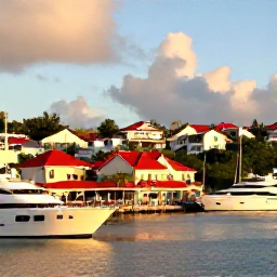 Caribbean Holidays, Saint Barth Instagram, Gustavia harbour in Saint Barth&eacute;lemy during late afternoon, with red-roofed buildings, luxury yachts, waterfront restaurants and warm golden light