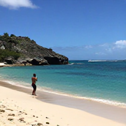 Caribbean Holidays, Saint Barth Instagram, Shell Beach near Gustavia in Saint Barth&eacute;lemy, with calm turquoise sea, pale shell-covered sand, rocky headland and a person photographing the shoreline