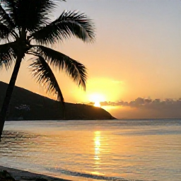 Caribbean Holidays, Saint Barth Instagram, Sunset at Colombier or Flamands Bay in Saint Barth&eacute;lemy, with golden sky, calm Caribbean water, palm silhouettes and distant hills