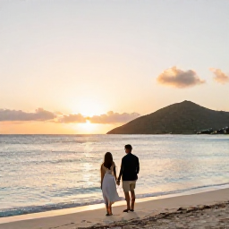 Caribbean Holidays, Saint Barth May, Couple enjoying a peaceful sunset at a Saint Barth&eacute;lemy beach, with warm evening light, calm sea and elegant coastal scenery