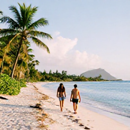 Caribbean Holidays, Saint Barth May, Couple walking along a quiet Saint Barth&eacute;lemy beach in May, with tropical greenery, blue water and soft morning sunshine