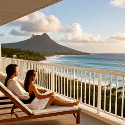 Caribbean Holidays, Saint Barth Spa Breaks, Couple relaxing on a stylish Saint Barth&eacute;lemy hotel balcony overlooking the Caribbean at golden hour
