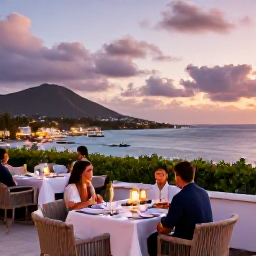 Caribbean Holidays, Saint Barth Spa Breaks, Elegant Saint Barth&eacute;lemy restaurant terrace at sunset, relaxed diners, harbour lights and Caribbean sea views