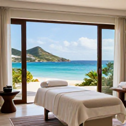 Caribbean Holidays, Saint Barth Spa Breaks, Luxury spa treatment room overlooking a turquoise Caribbean bay on Saint Barth&eacute;lemy, soft June daylight, calm and elegant atmosphere