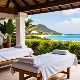 Caribbean Holidays, Saint Barth Spa Breaks, Open-air Caribbean spa terrace with treatment beds, tropical greenery and views across Saint Barth&eacute;lemy sea